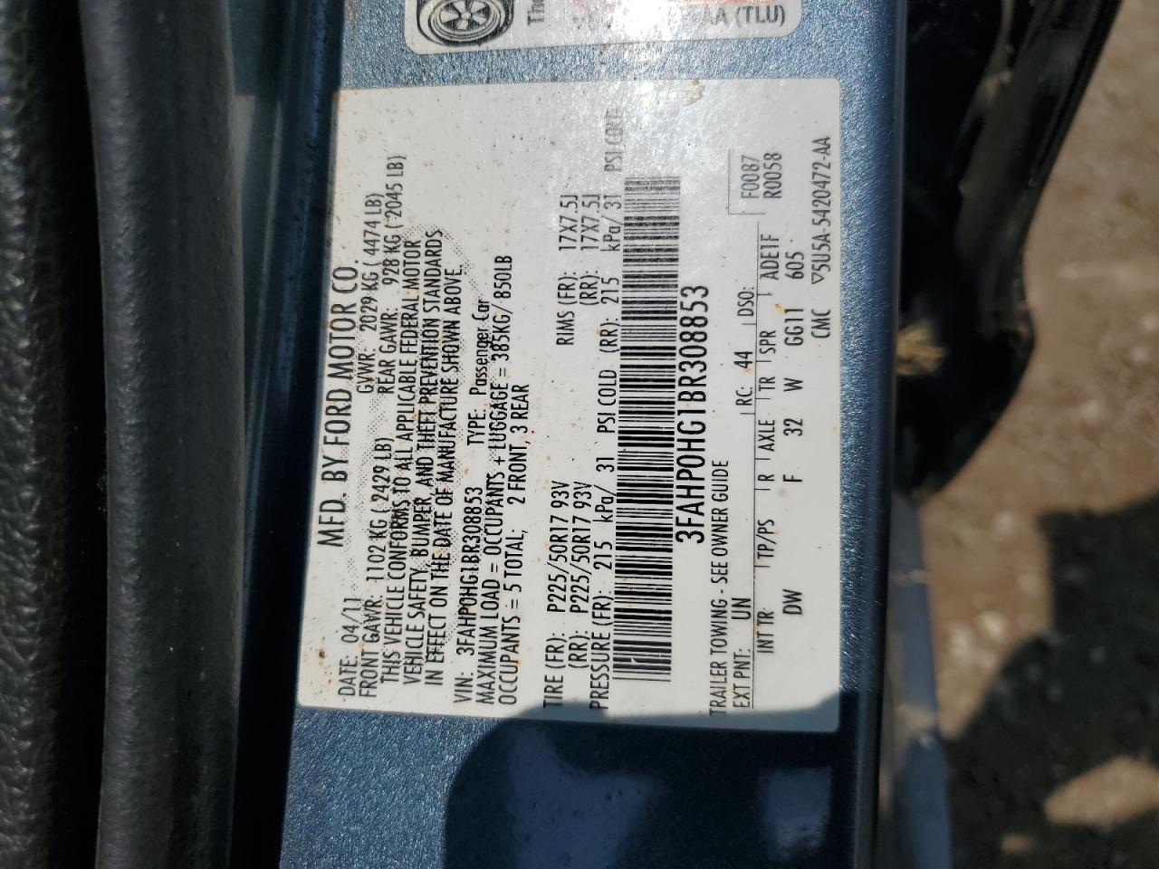 3FAHP0HG1BR308853 2011 Ford Fusion Se