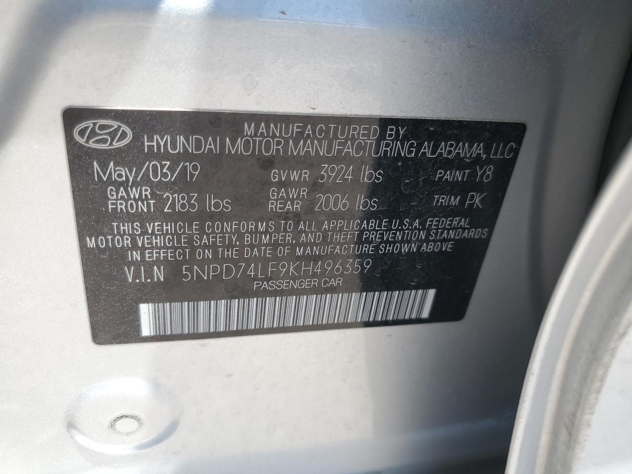 5NPD74LF9KH496359 2019 Hyundai Elantra Se