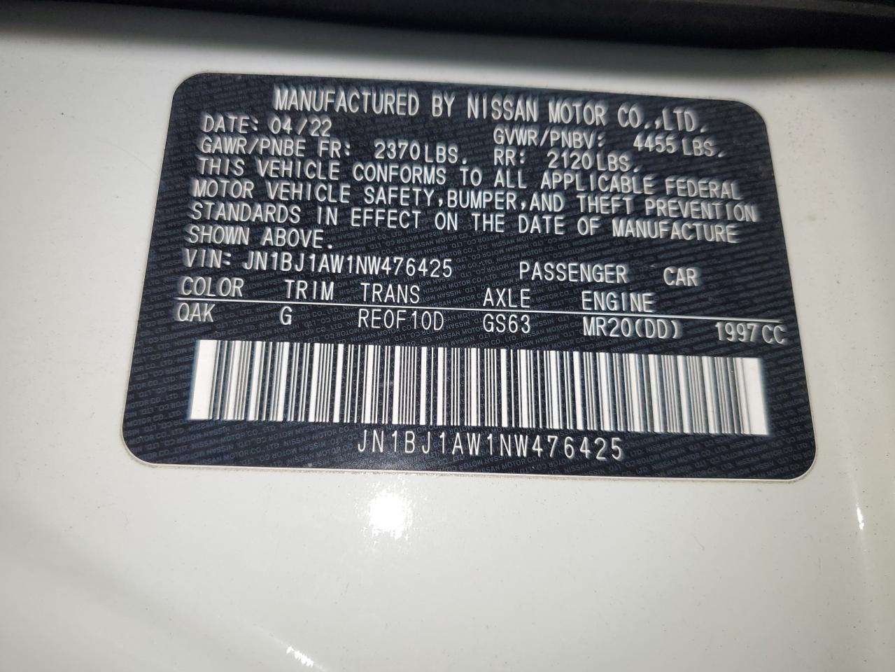 JN1BJ1AW1NW476425 2022 Nissan Rogue Sport S