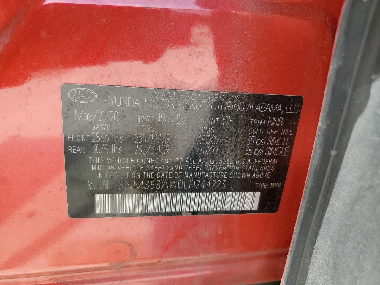 5NMS53AA0LH244223 2020 Hyundai Santa Fe Limited