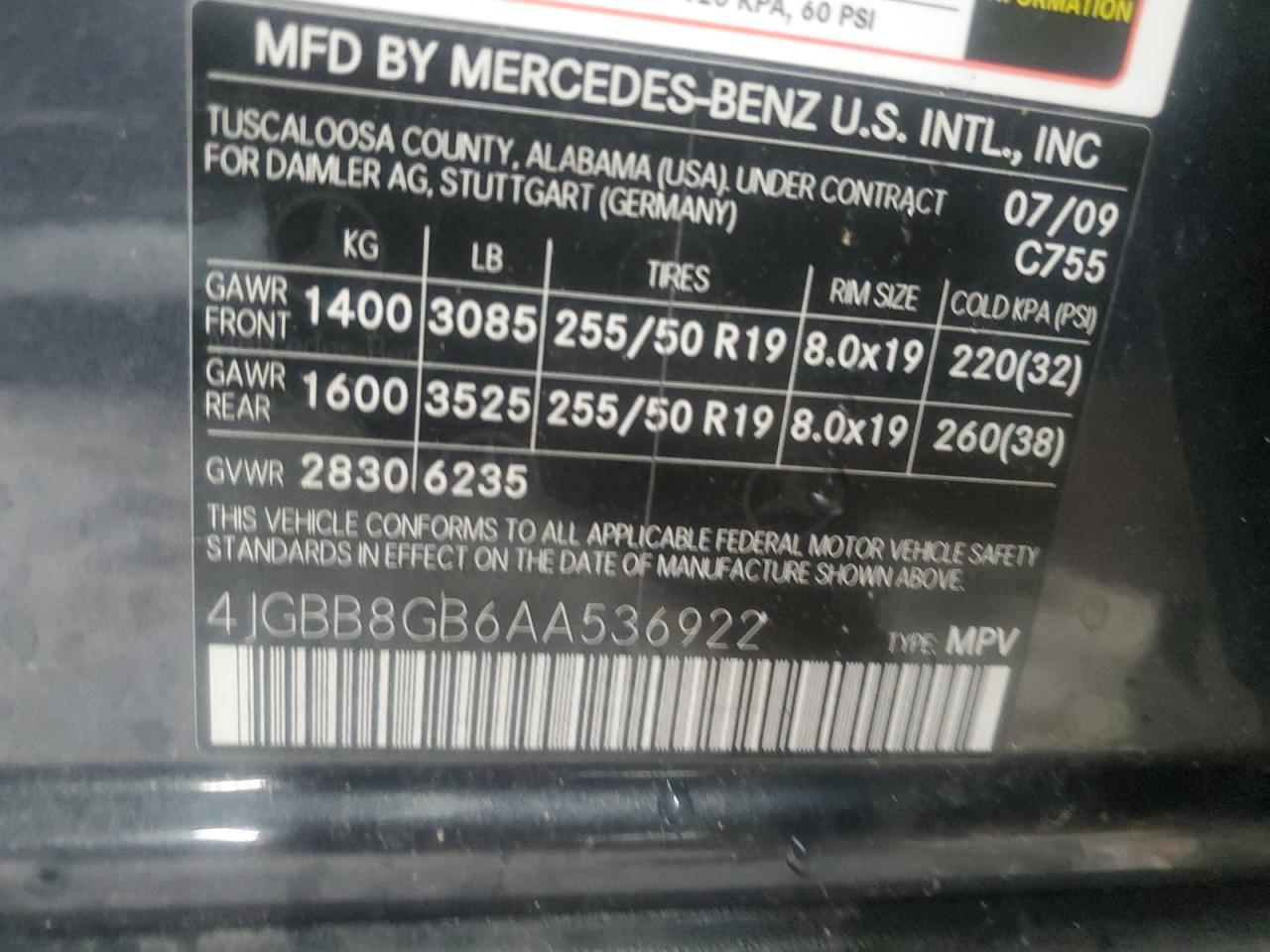 4JGBB8GB6AA536922 2010 Mercedes-Benz Ml 350 4Matic