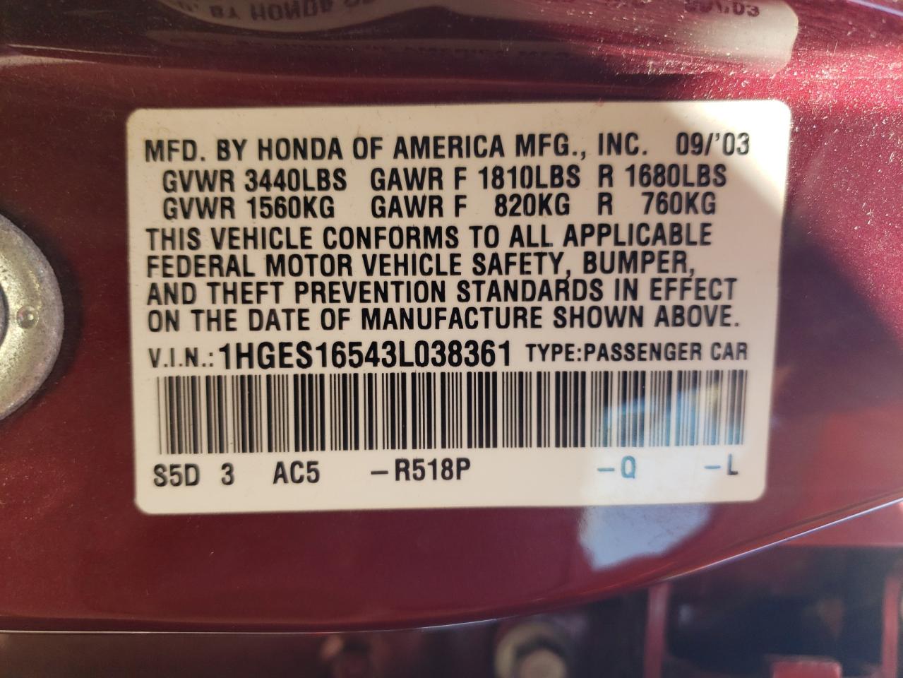 1HGES16543L038361 2003 Honda Civic Lx