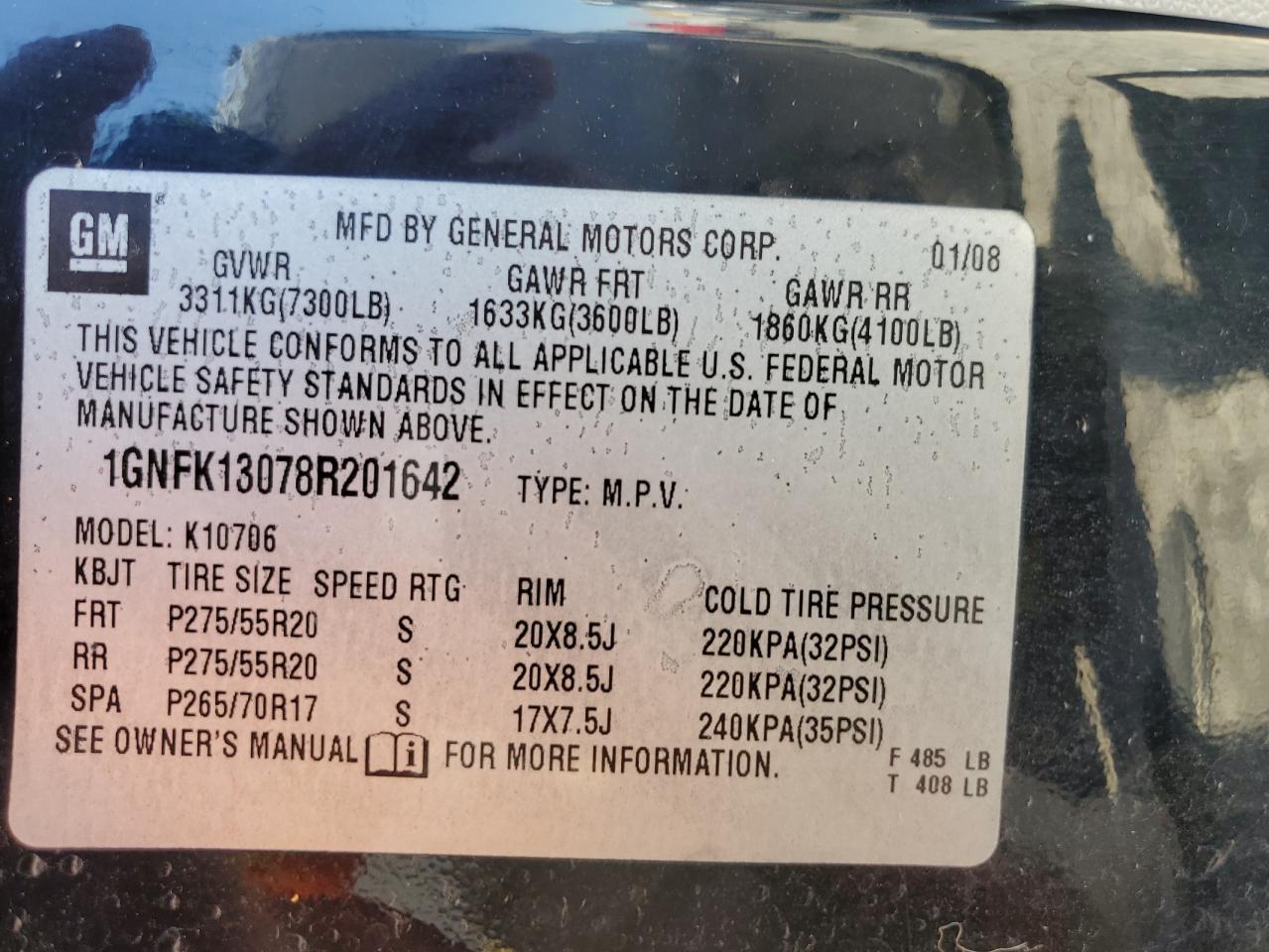 1GNFK13078R201642 2008 Chevrolet Tahoe K1500