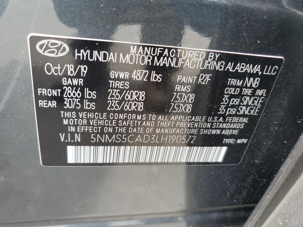 5NMS5CAD3LH190572 2020 Hyundai Santa Fe Limited