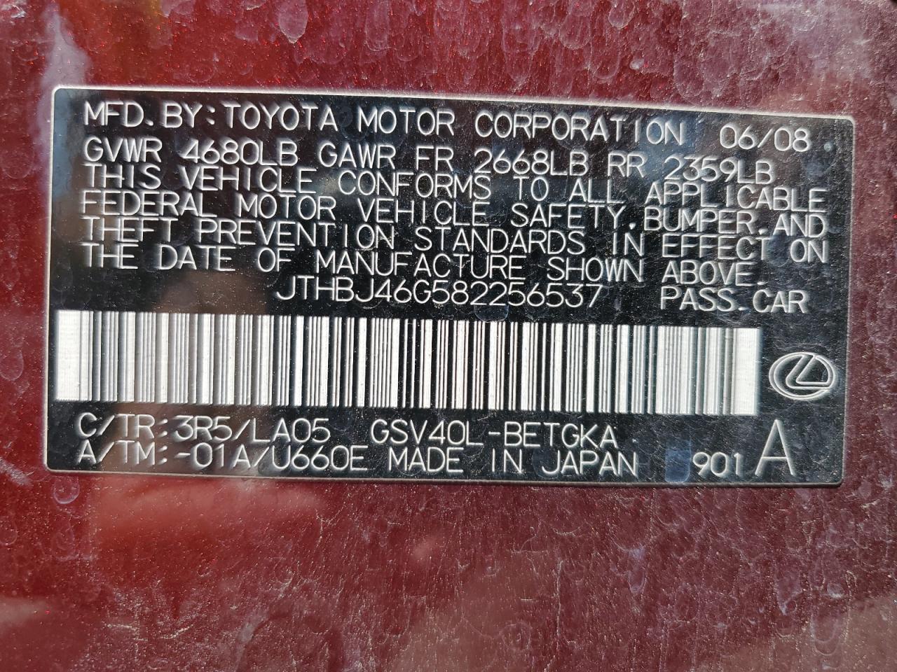 JTHBJ46G582256537 2008 Lexus Es 350