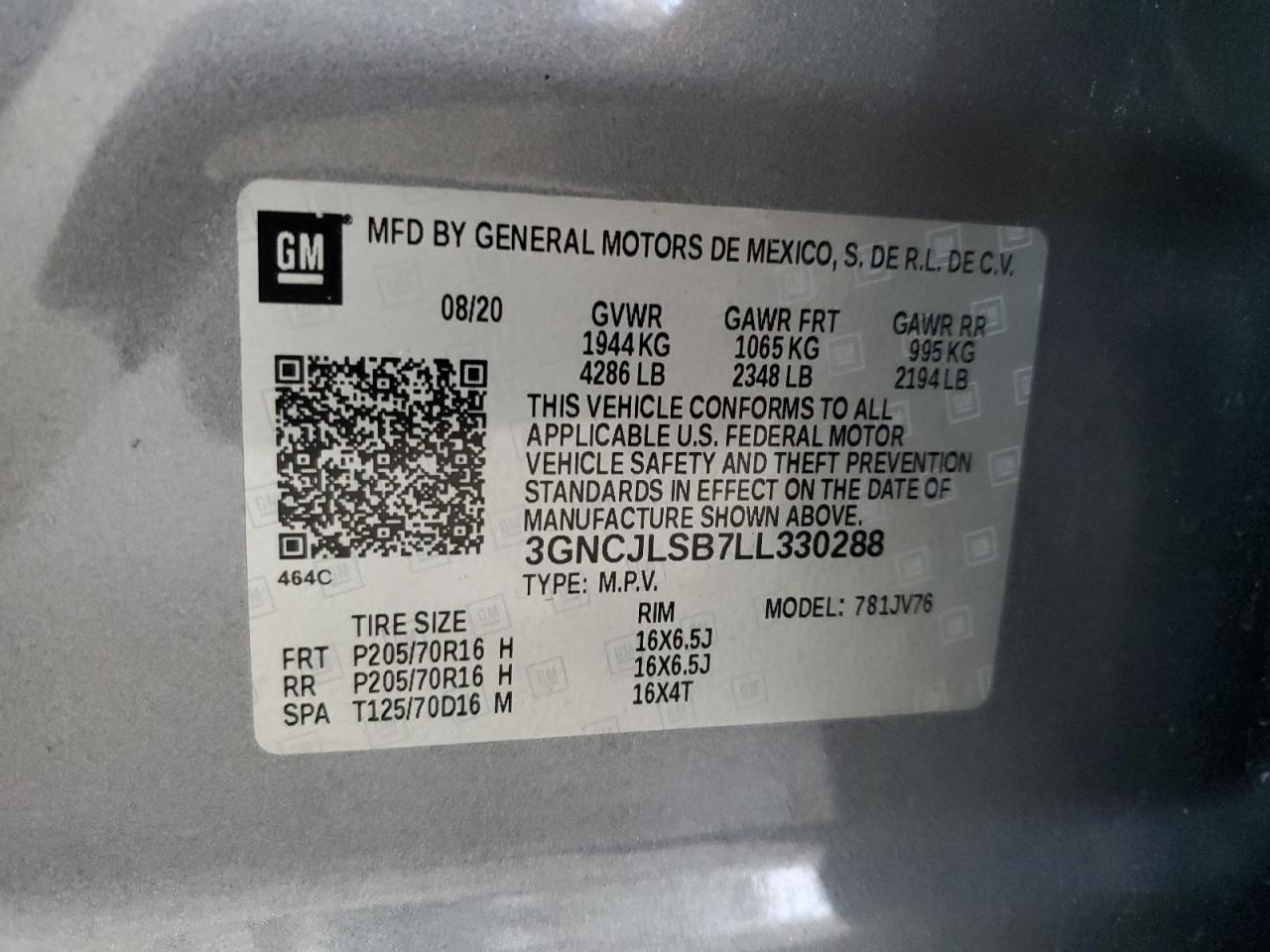 3GNCJLSB7LL330288 2020 Chevrolet Trax 1Lt