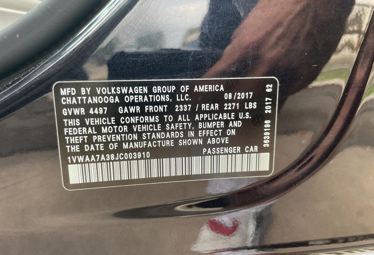 1VWAA7A38JC003910 2018 Volkswagen Passat S