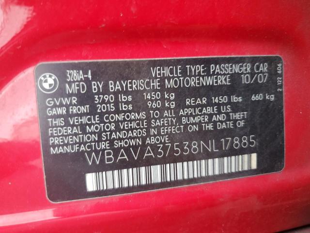 2008 BMW 328 I VIN: WBAVA37538NL17885 Lot: 62709014