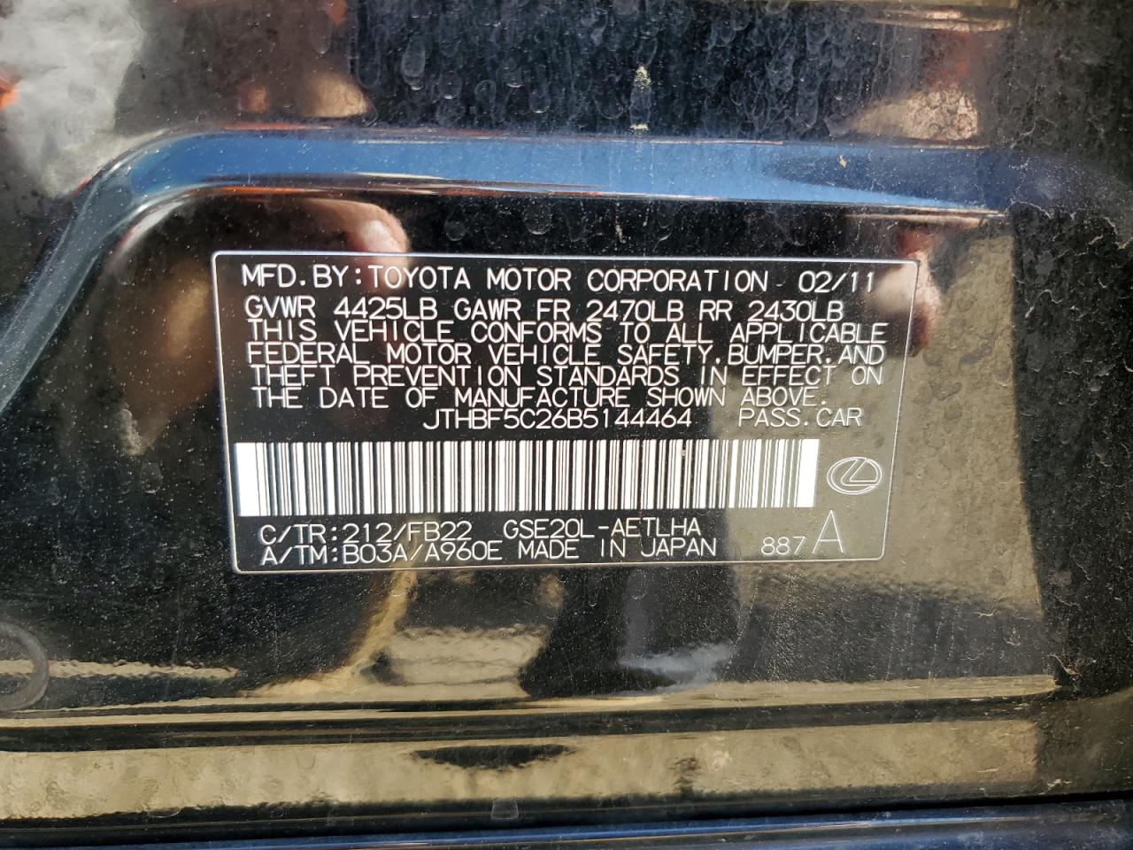 JTHBF5C26B5144464 2011 Lexus Is 250