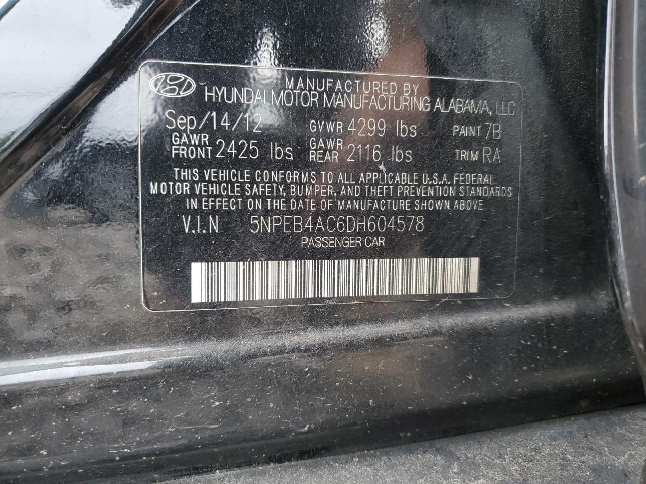 5NPEB4AC6DH604578 2013 Hyundai Sonata Gls