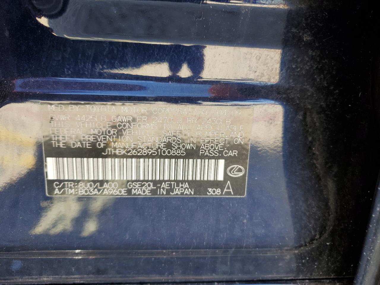 JTHBK262895100885 2009 Lexus Is 250