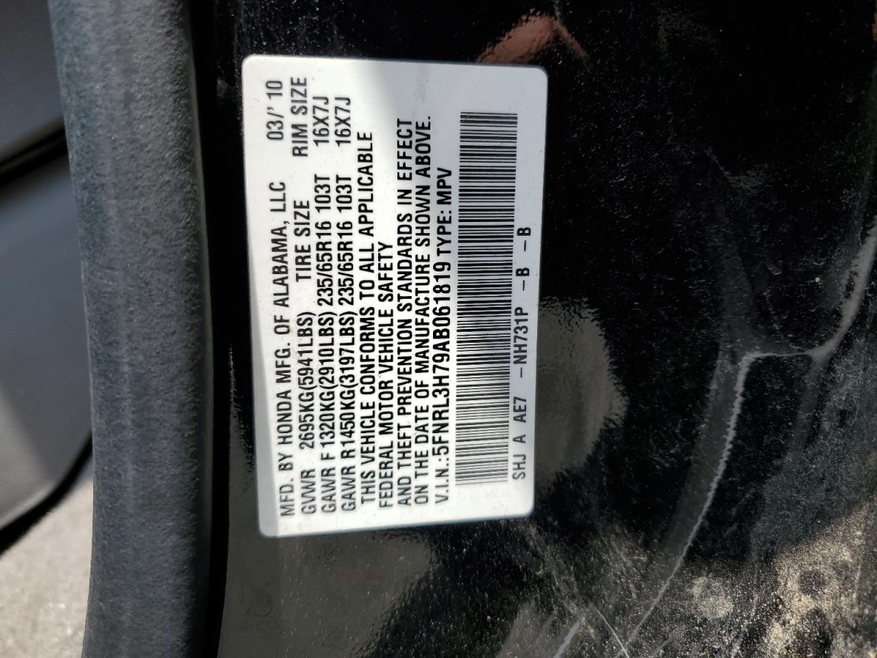 5FNRL3H79AB061819 2010 Honda Odyssey Exl