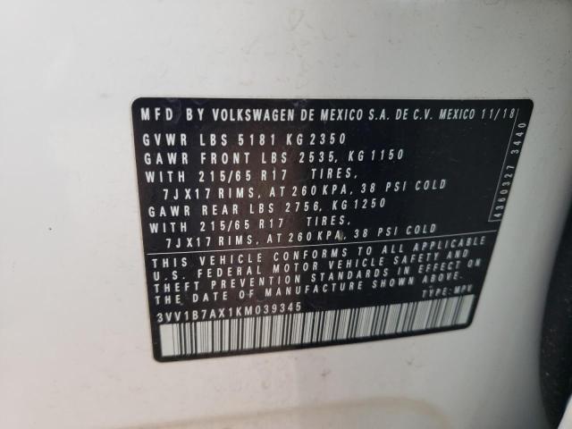 2019 Volkswagen Tiguan S VIN: 3VV1B7AX1KM039345 Lot: 62858204