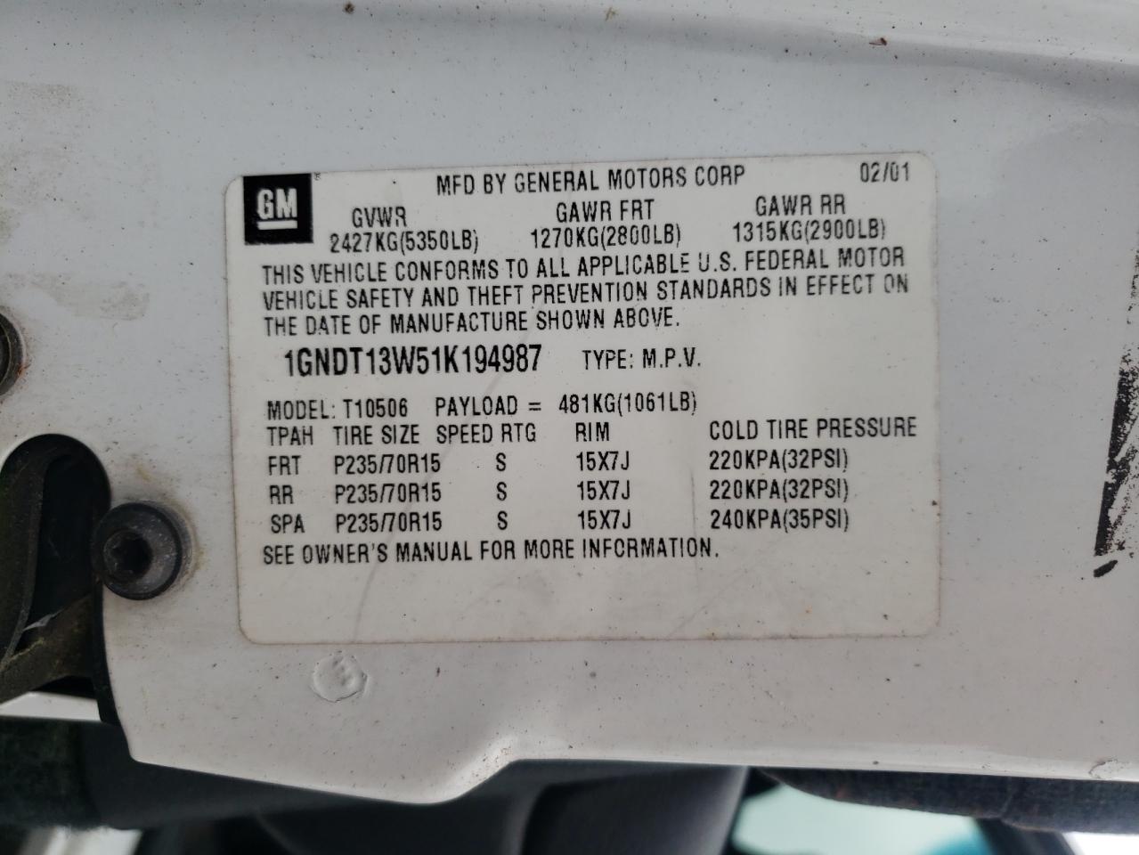 1GNDT13W51K194987 2001 Chevrolet Blazer