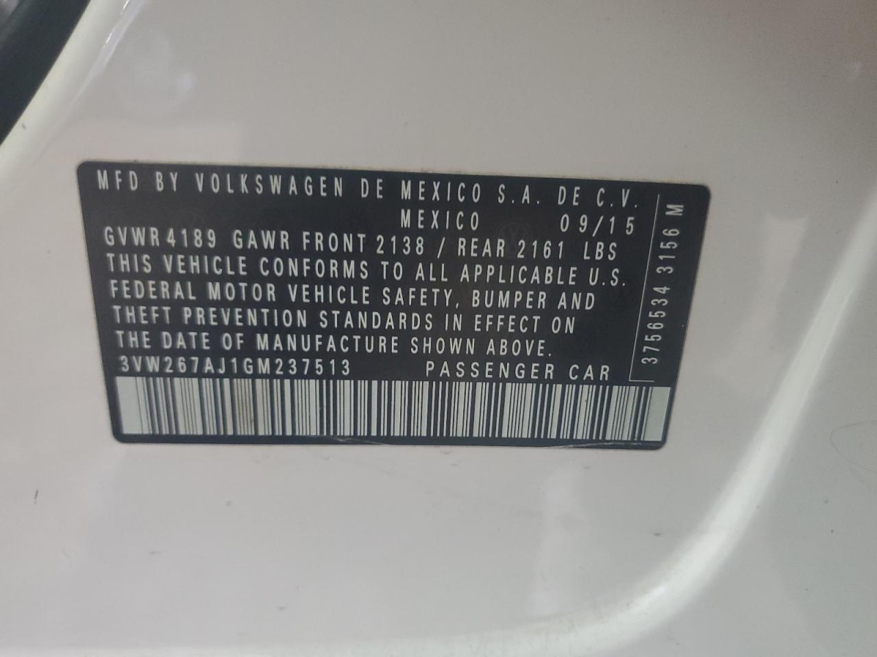 3VW267AJ1GM237513 2016 Volkswagen Jetta S