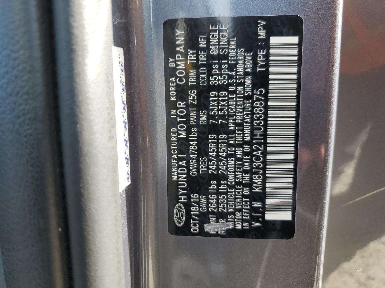 KM8J3CA21HU338875 2017 Hyundai Tucson Limited