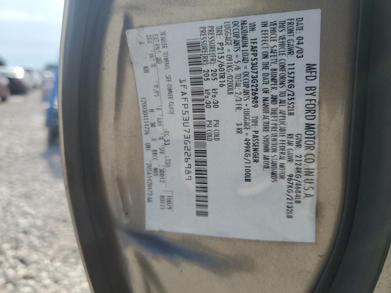 1FAFP53U73G226989 2003 Ford Taurus Se