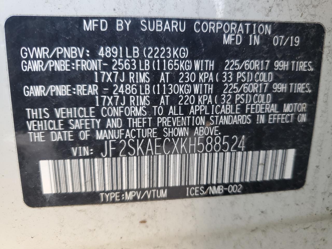JF2SKAECXKH588524 2019 Subaru Forester Premium