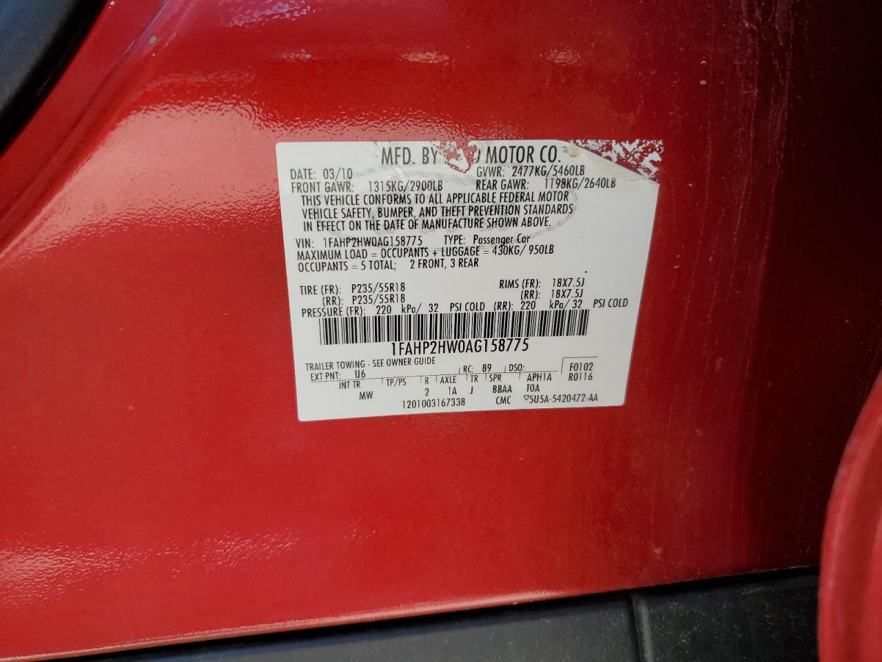 1FAHP2HW0AG158775 2010 Ford Taurus Sel