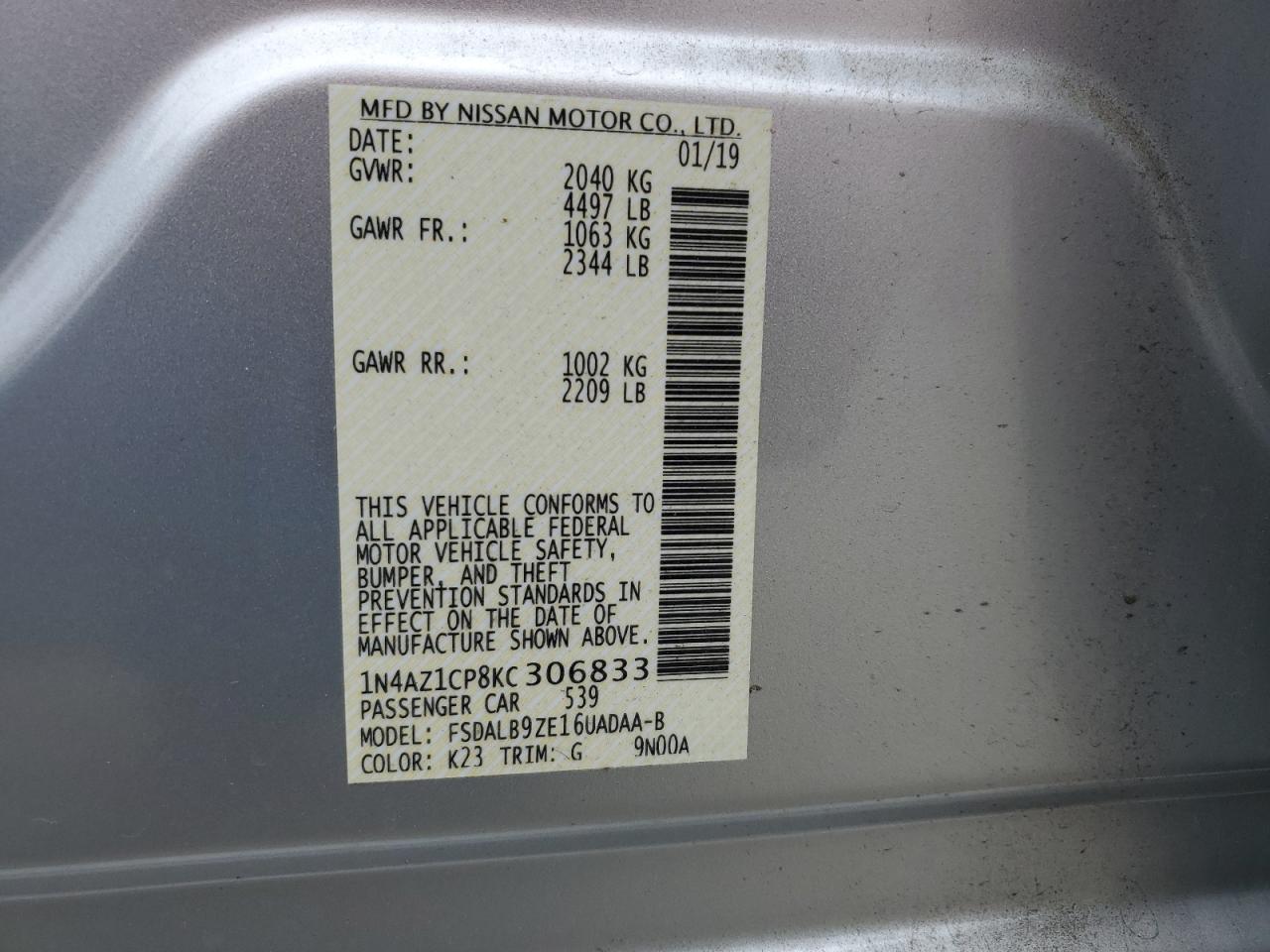 1N4AZ1CP8KC306833 2019 Nissan Leaf S