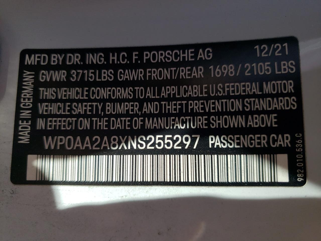 WP0AA2A8XNS255297 2022 Porsche Cayman Base