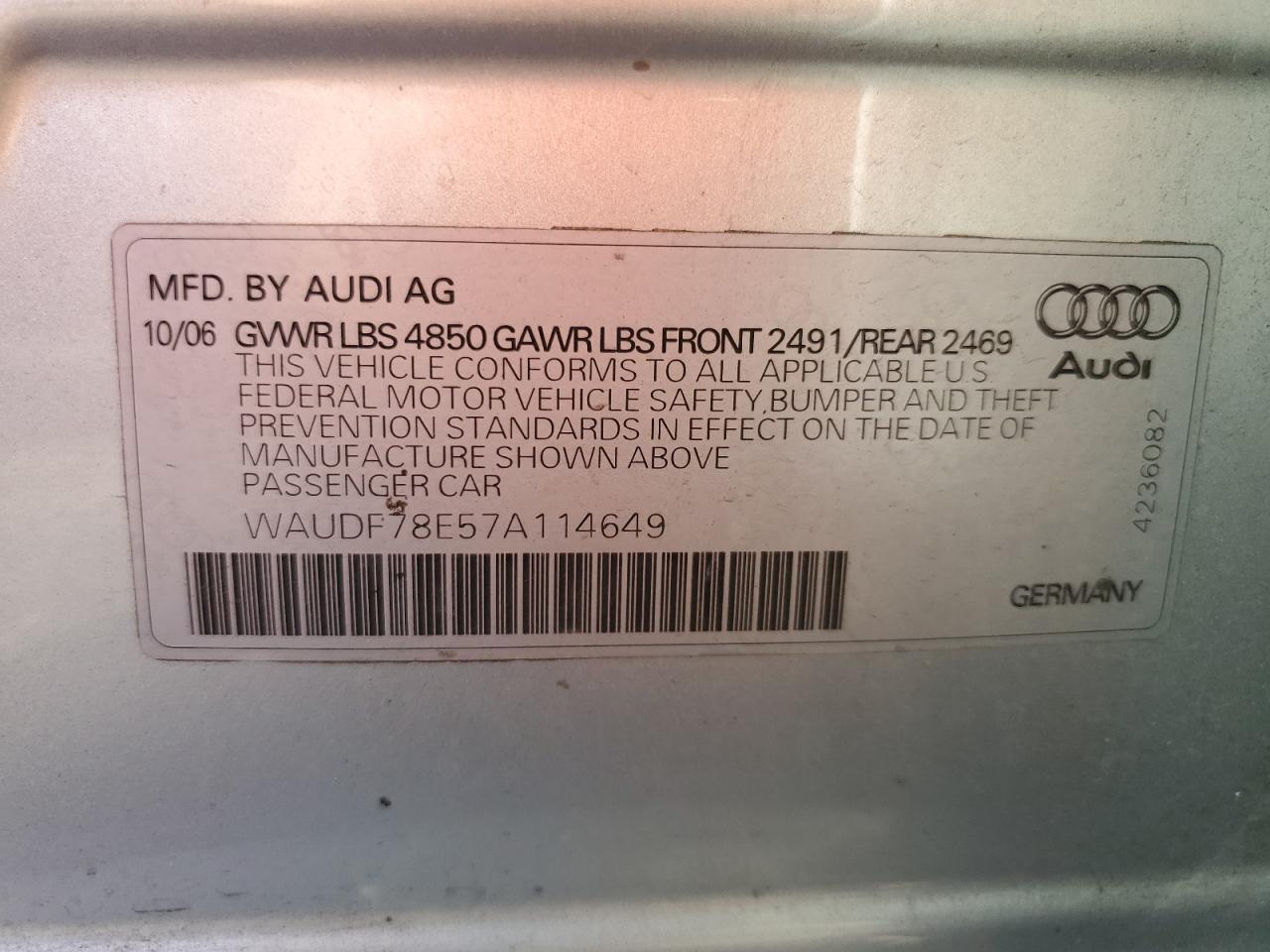 WAUDF78E57A114649 2007 Audi A4 2.0T Quattro