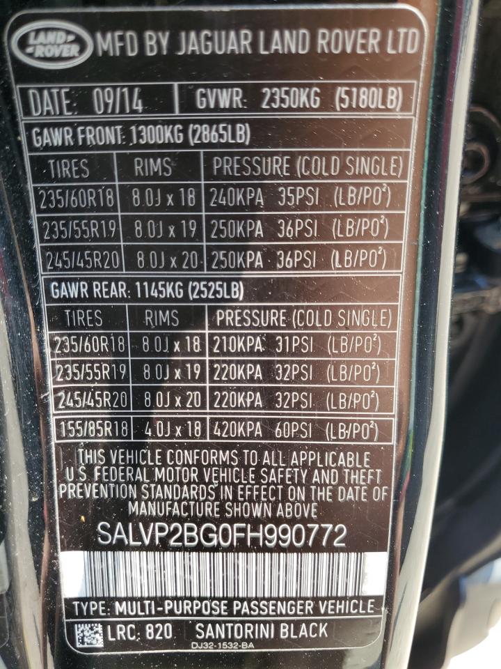 SALVP2BG0FH990772 2015 Land Rover Range Rover Evoque Pure Plus