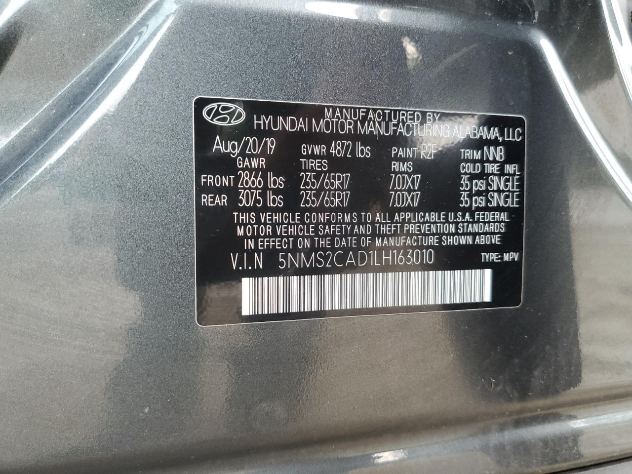 5NMS2CAD1LH163010 2020 Hyundai Santa Fe Se