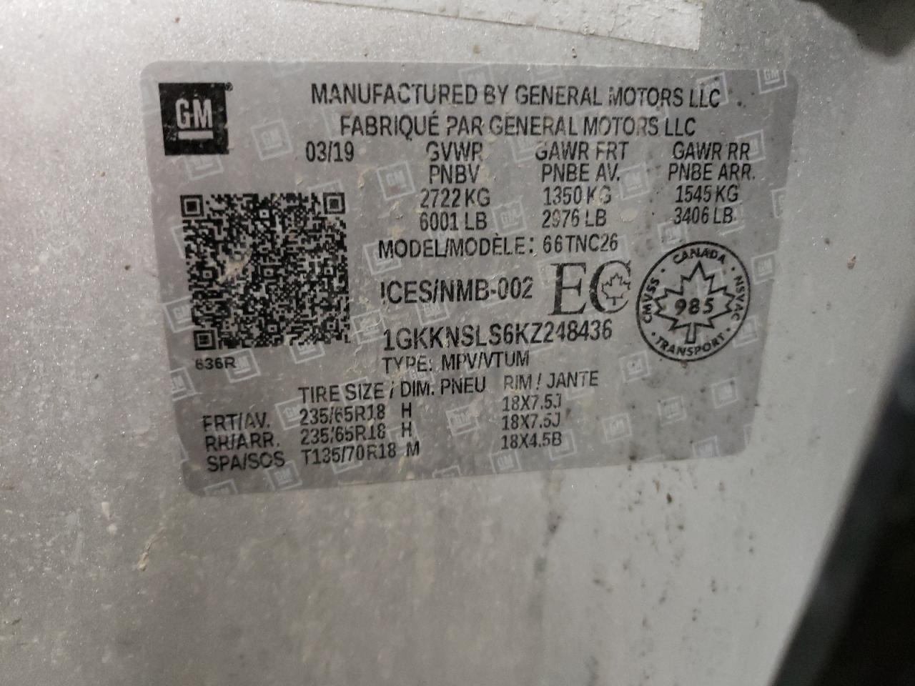 1GKKNSLS6KZ248436 2019 GMC Acadia Sle