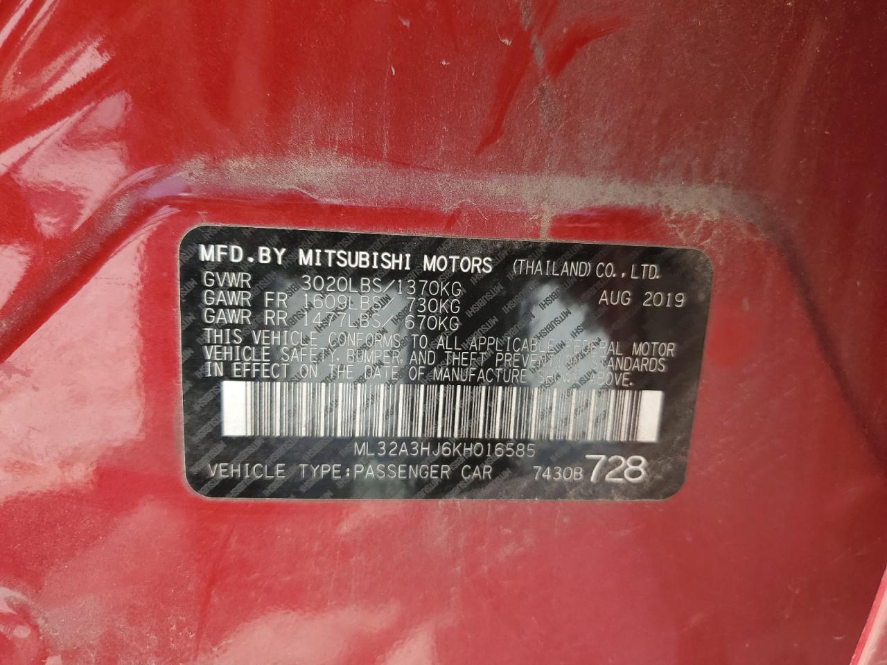 ML32A3HJ6KH016585 2019 Mitsubishi Mirage Es