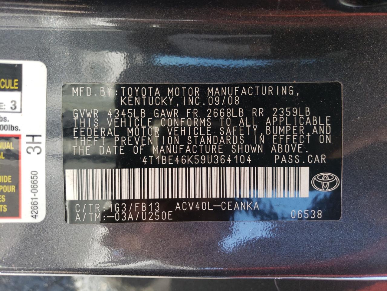 4T1BE46K59U364104 2009 Toyota Camry Base 4T1BE46K59U364104 2009 Toyota Camry Base