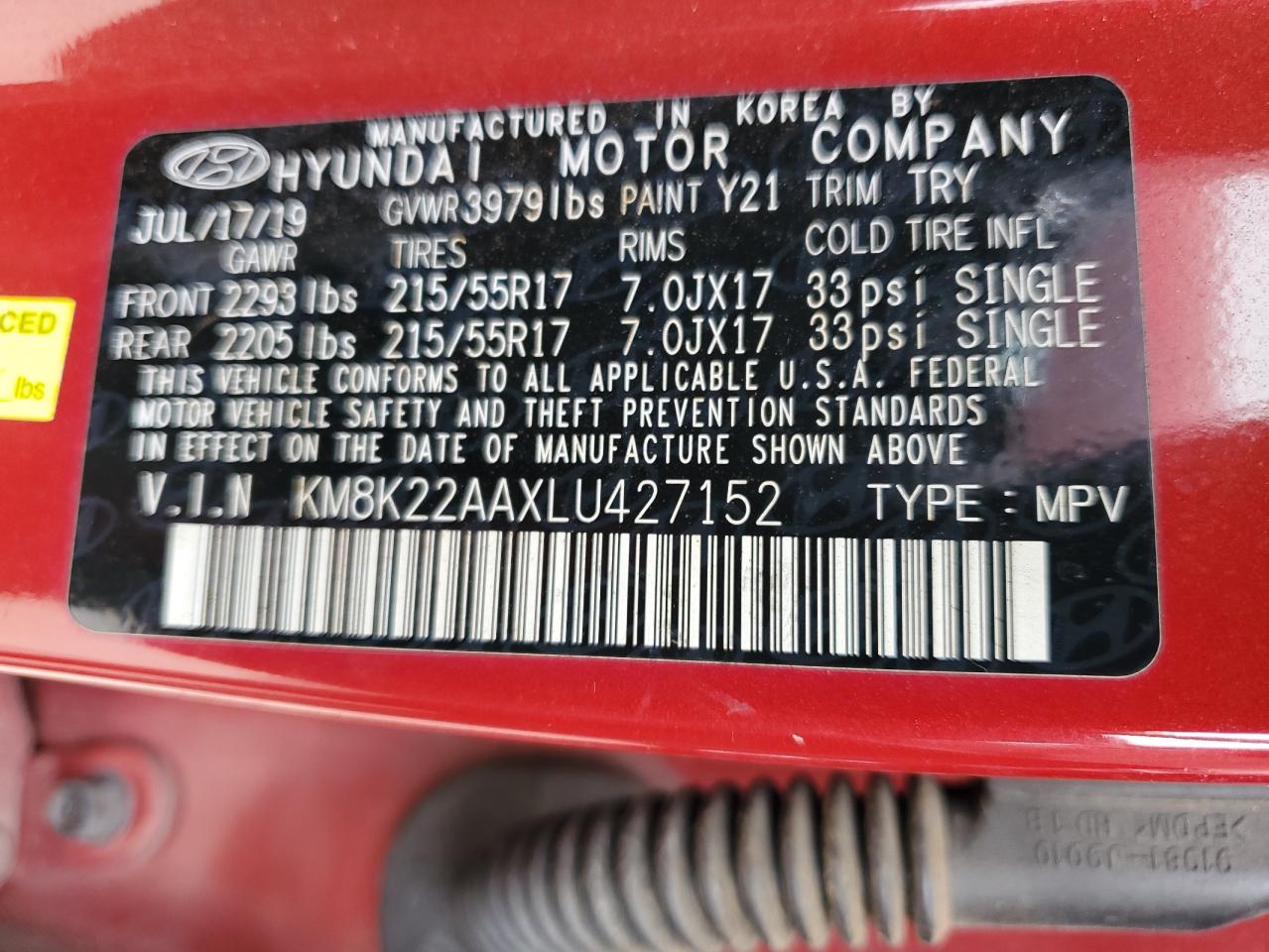 KM8K22AAXLU427152 2020 Hyundai Kona Sel