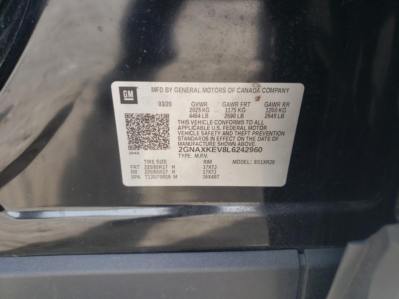 2GNAXKEV8L6242960 2020 Chevrolet Equinox Lt