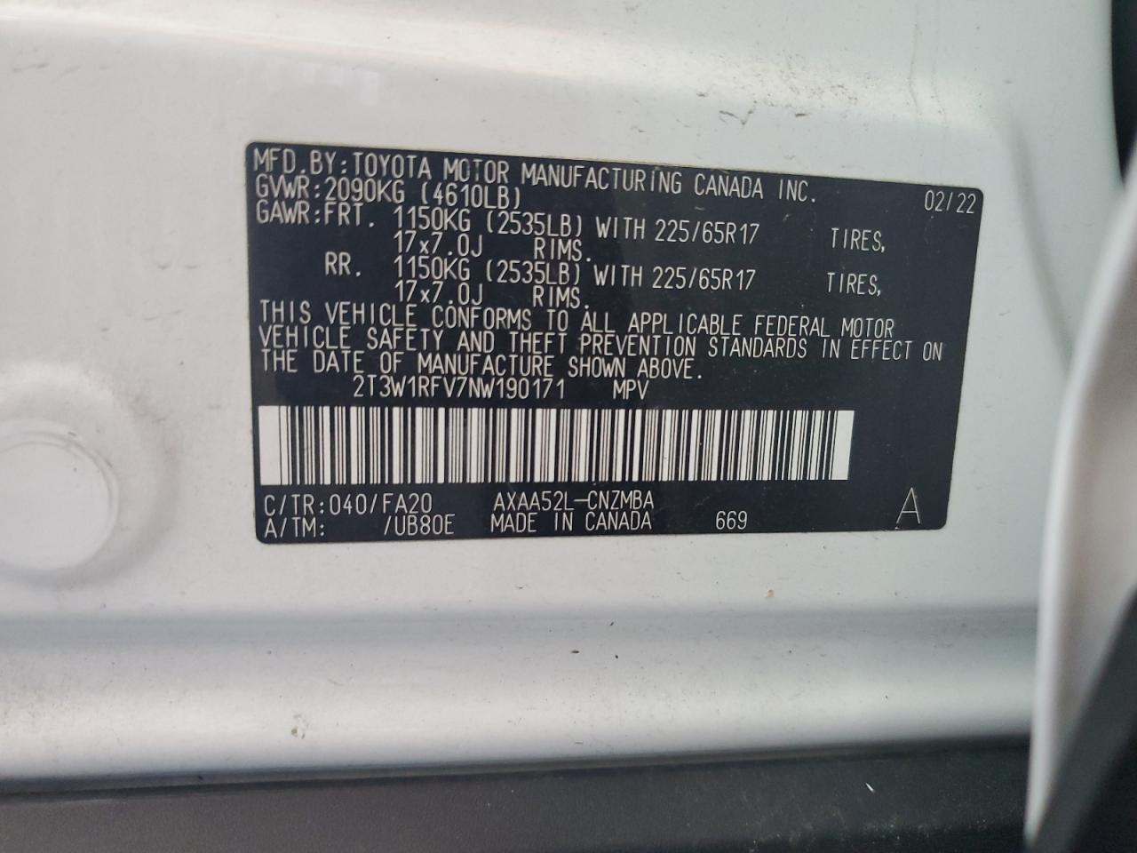 2T3W1RFV7NW190171 2022 Toyota Rav4 Xle