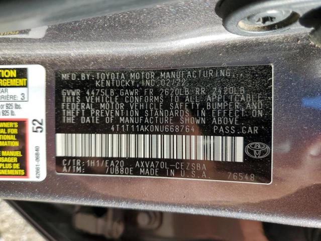 VIN 4T1T11AK0NU668764 2022 Toyota Camry, SE no.13