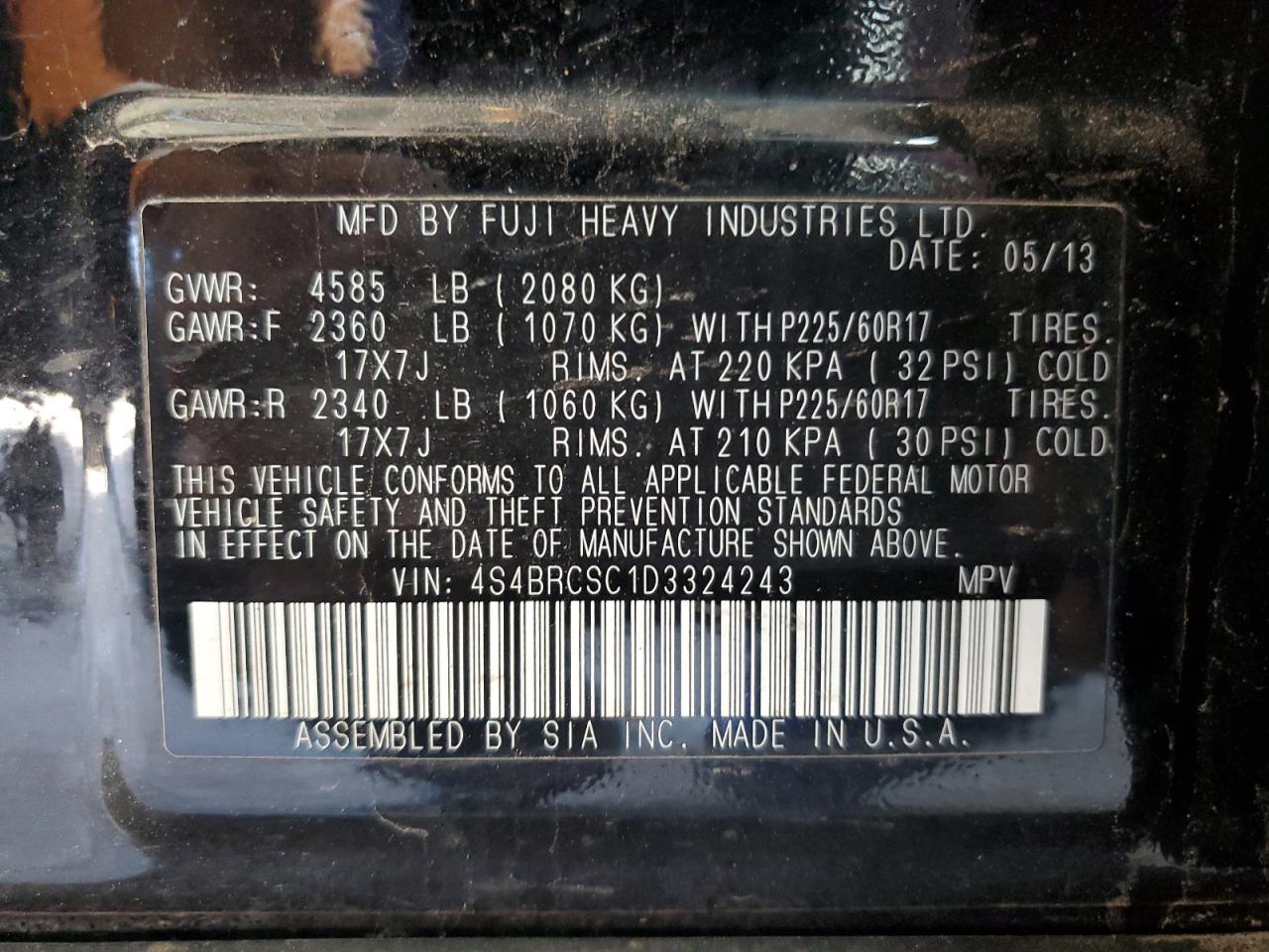 4S4BRCSC1D3324243 2013 Subaru Outback 2.5I Limited