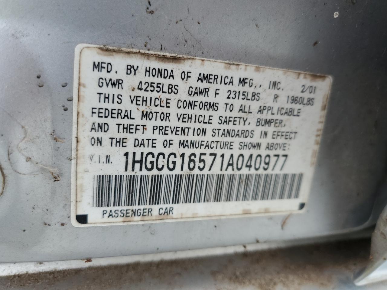 1HGCG16571A040977 2001 Honda Accord Ex