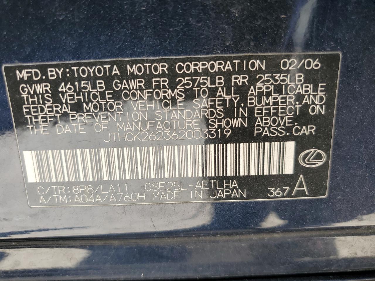 JTHCK262362003319 2006 Lexus Is 250