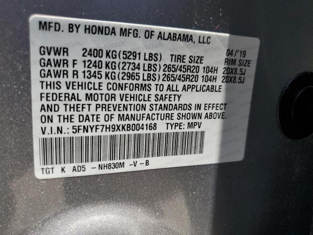 2019 Honda Passport Touring VIN: 5FNYF7H9XKB004168 Lot: 62021394