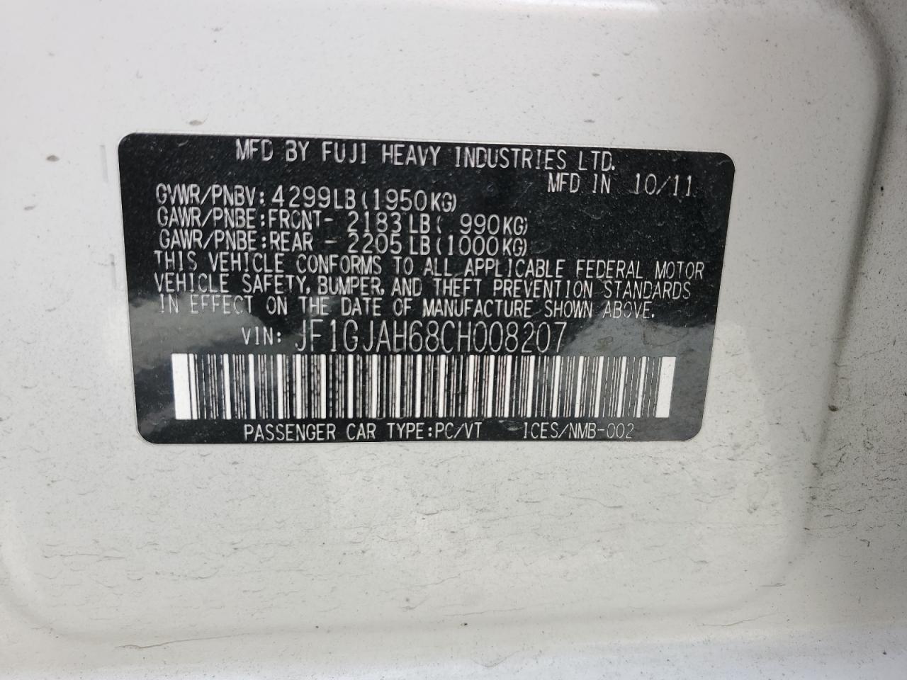 JF1GJAH68CH008207 2012 Subaru Impreza Limited