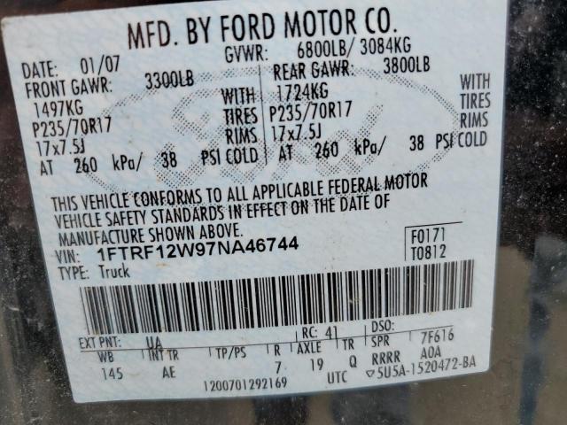 2007 Ford F150 VIN: 1FTRF12W97NA46744 Lot: 61712604