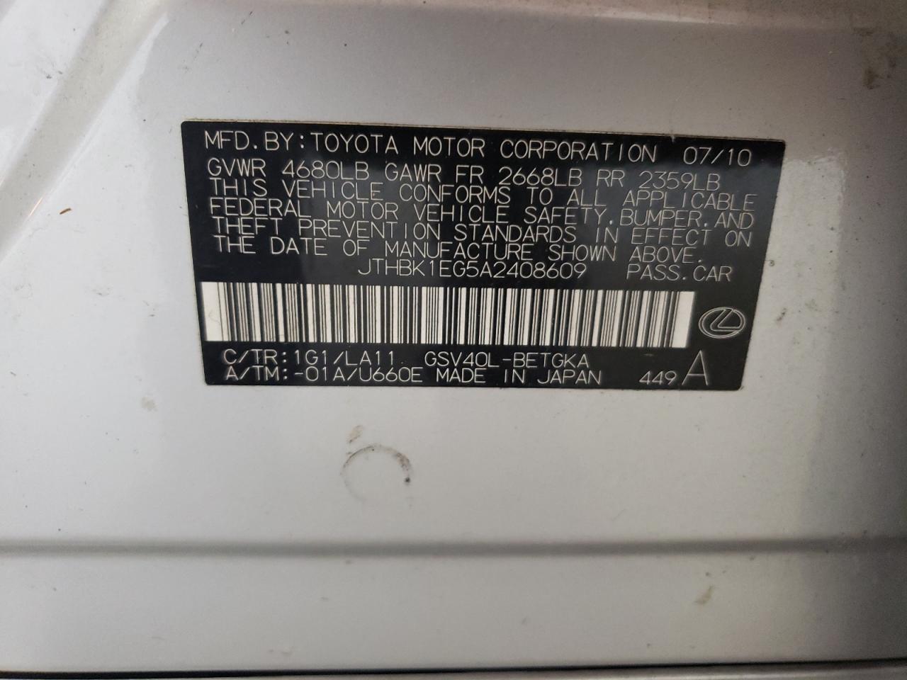 JTHBK1EG5A2408609 2010 Lexus Es 350