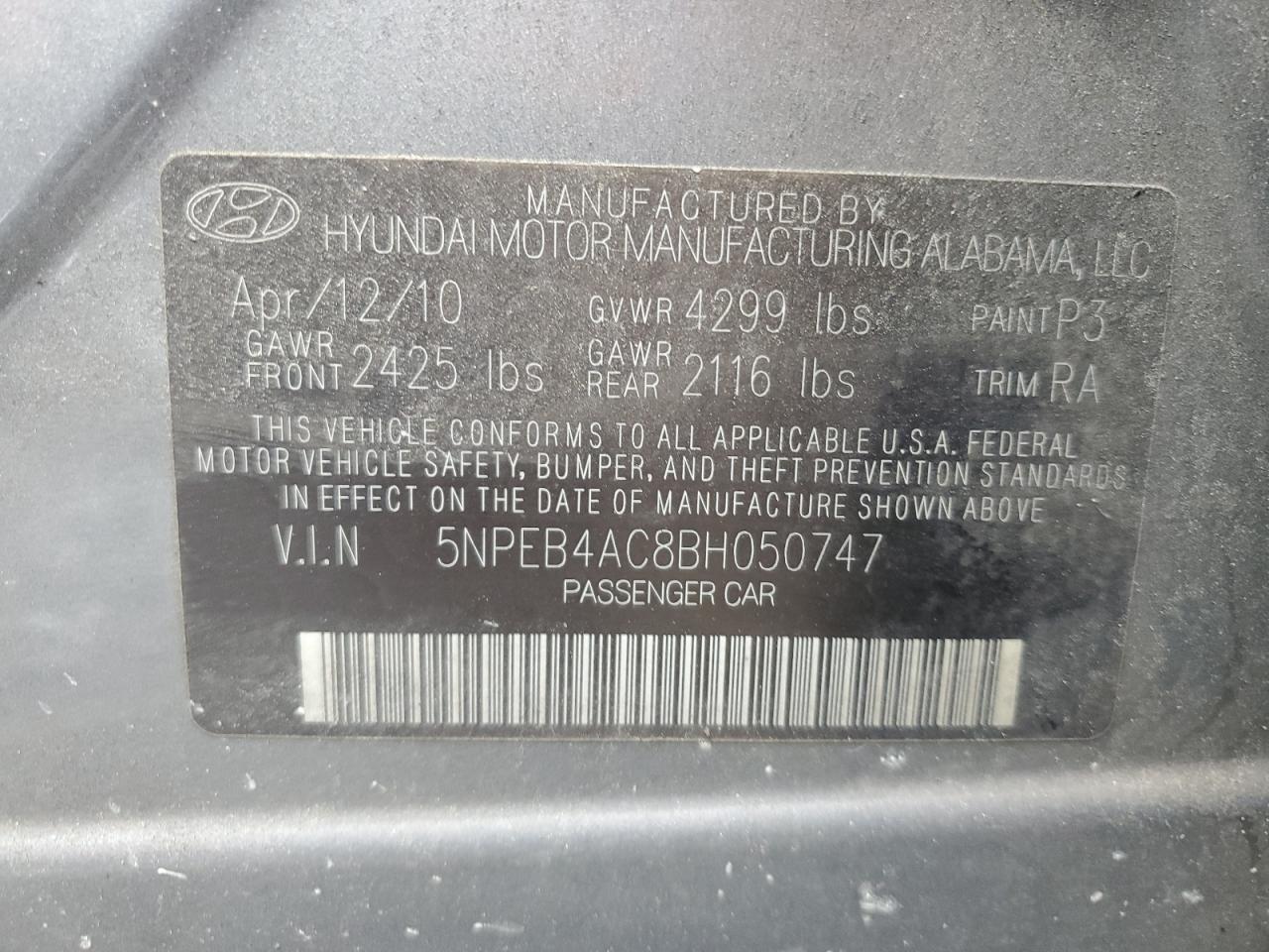 5NPEB4AC8BH050747 2011 Hyundai Sonata Gls