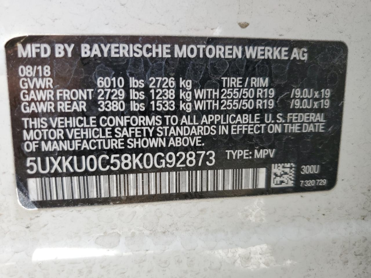 5UXKU0C58K0G92873 2019 BMW X6 Sdrive35I