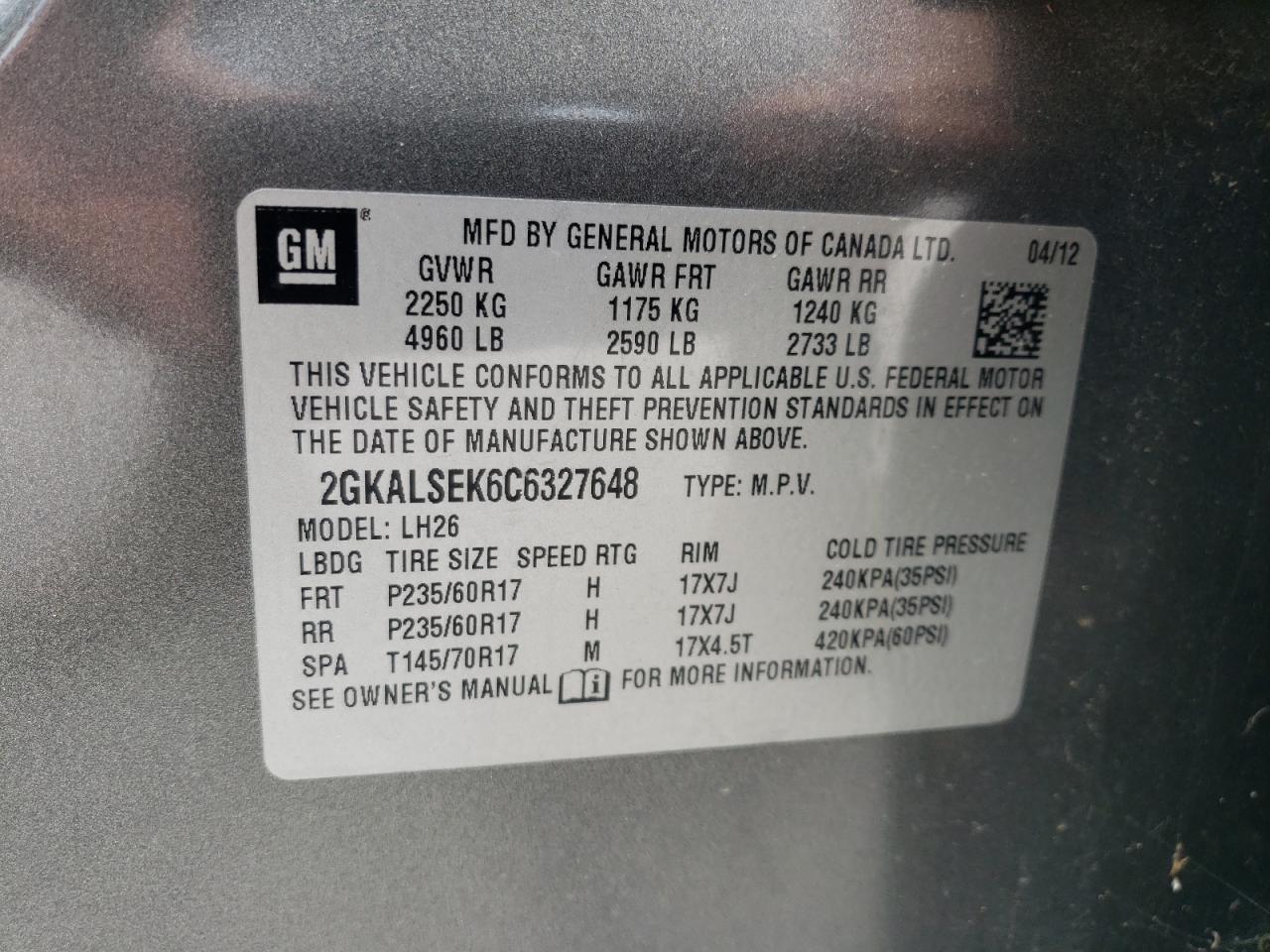 2GKALSEK6C6327648 2012 GMC Terrain Sle