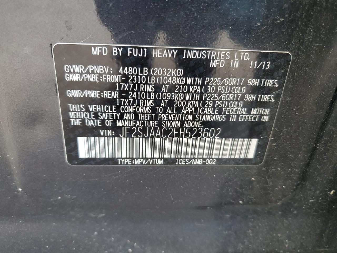 JF2SJAAC2EH523602 2014 Subaru Forester 2.5I