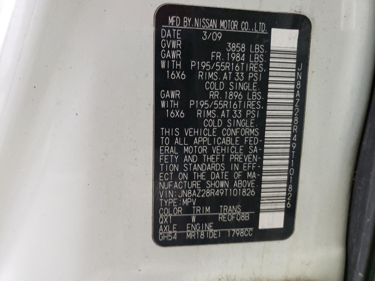 JN8AZ28R49T101826 2009 Nissan Cube Base