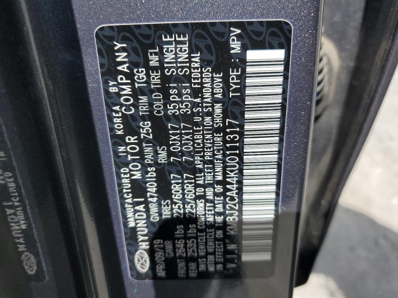 KM8J2CA44KU011317 2019 Hyundai Tucson Se