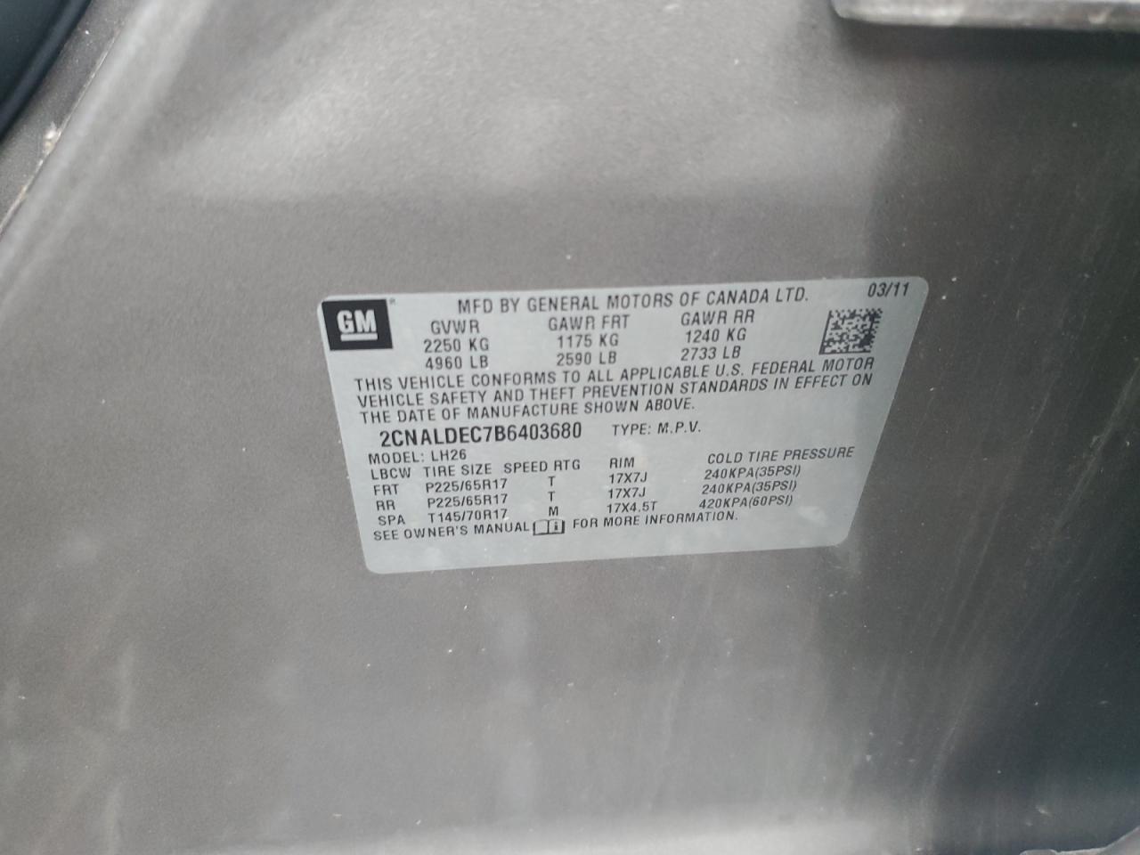 2CNALDEC7B6403680 2011 Chevrolet Equinox Lt