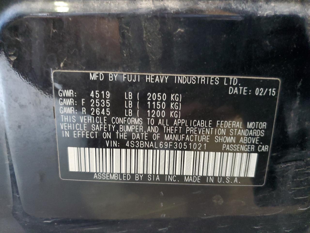 4S3BNAL69F3051021 2015 Subaru Legacy 2.5I Limited